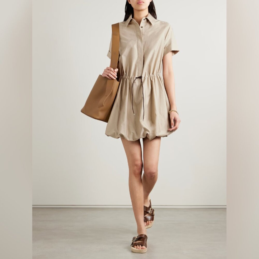LOEWE Leather-trimmed gathered cotton and silk-blend poplin mini shirt dress